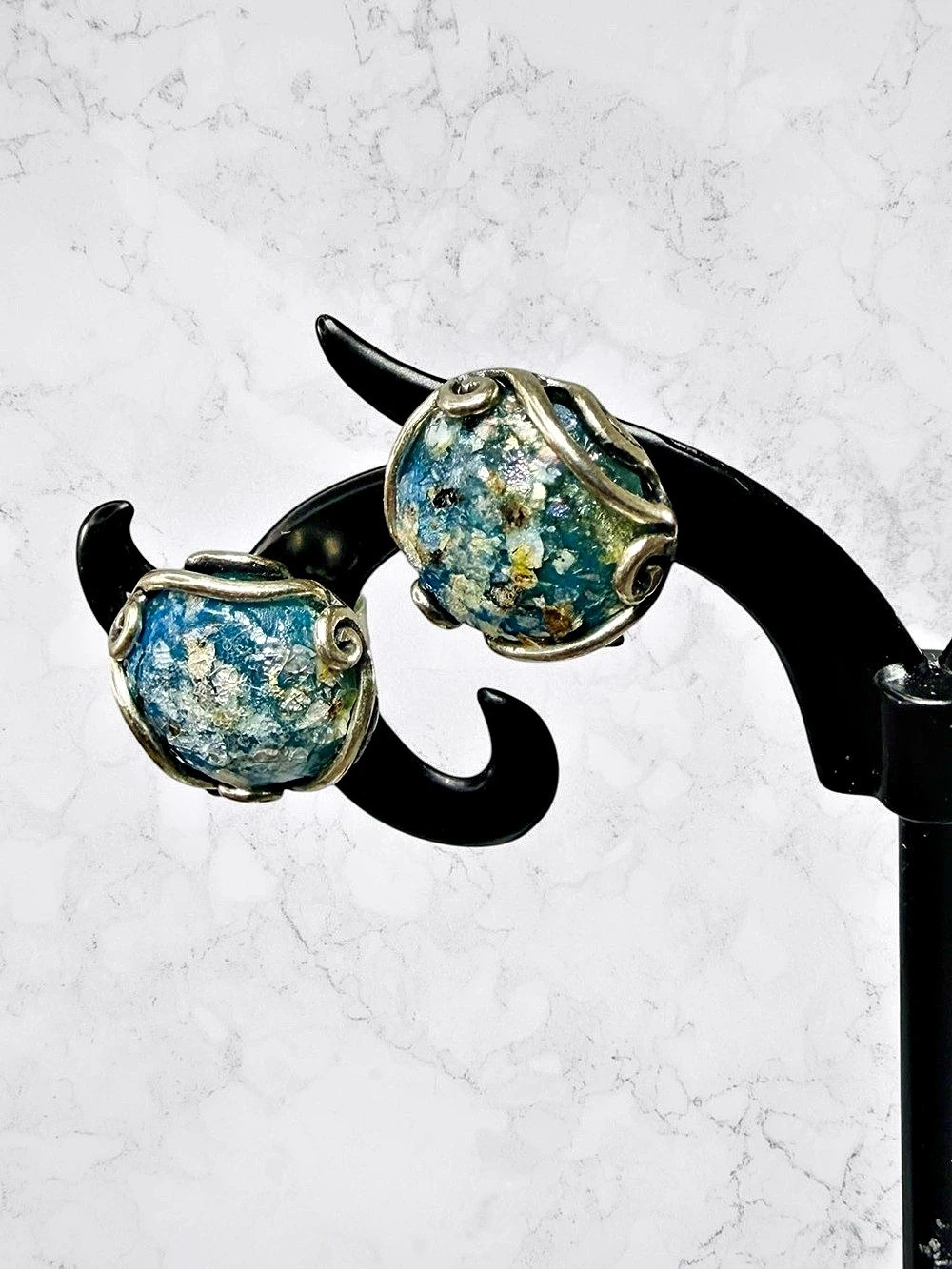 PZ Sterling Silver 925 Ancient Roman Glass Stud Earrings Wire Wrap Blue Green